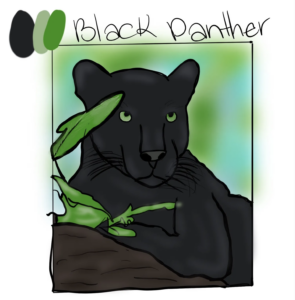 Digital painting of a panther with a green background and color swatches, a black frame outline